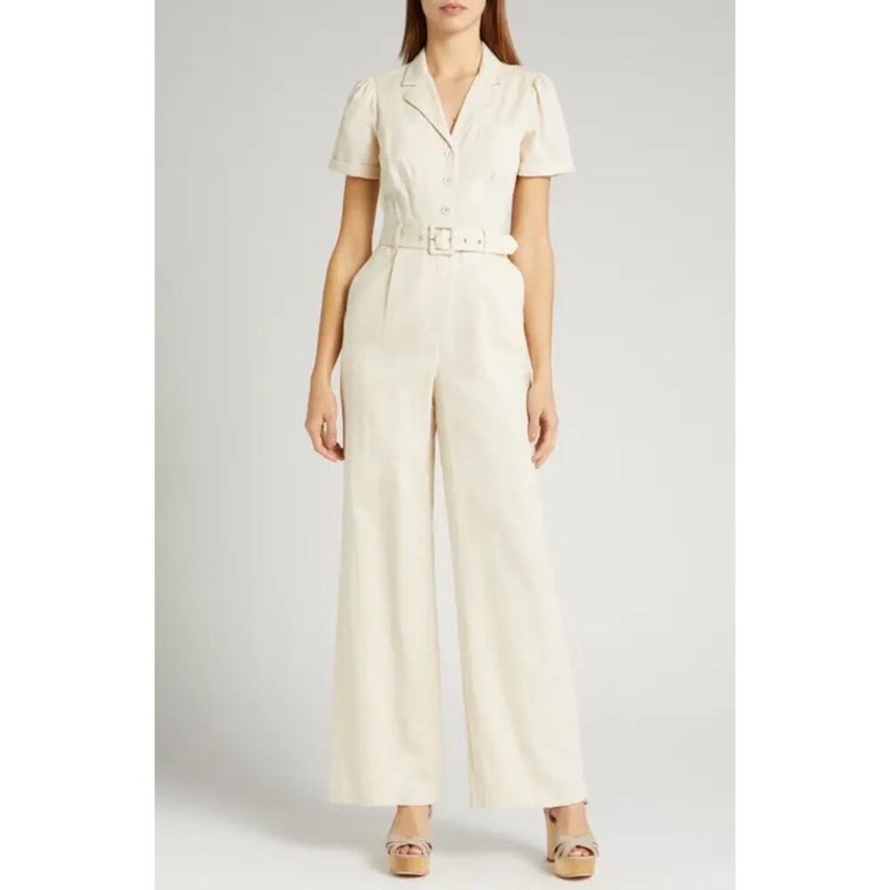 PAIGE Aislee Belted Linen Blend Jumpsuit in Parchment New Size 4